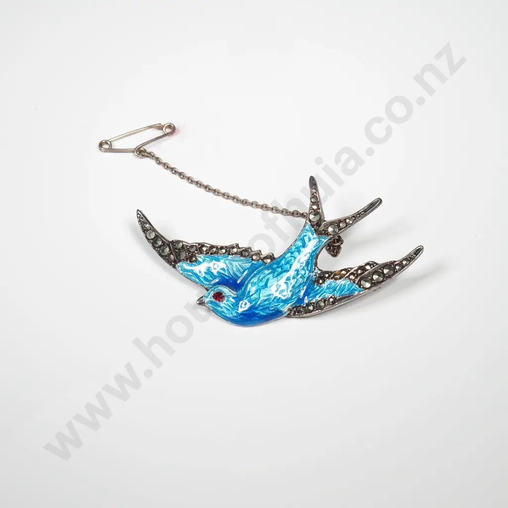 Sterling Silver Enamel & Marcasite Bird Brooch & Earrings Image 1++