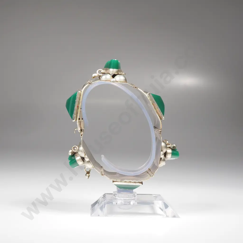 Mexican Sterling Silver Green Panel Bracelet Image 1++
