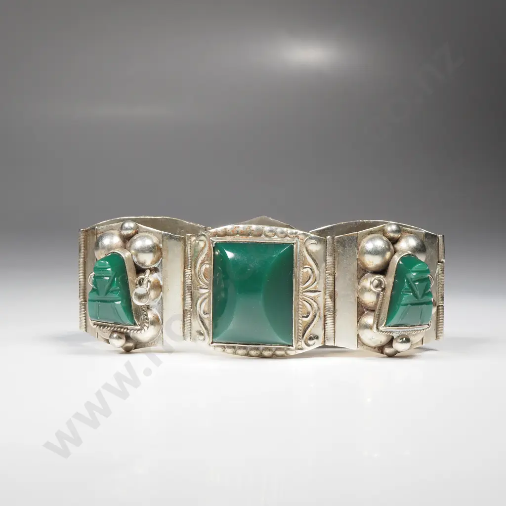 Mexican Sterling Silver Green Panel Bracelet Image 1++