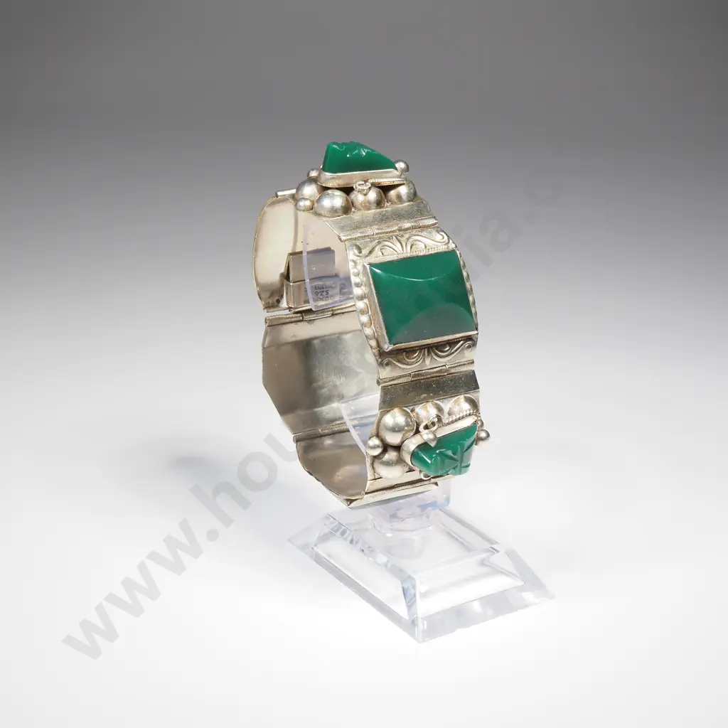 Mexican Sterling Silver Green Panel Bracelet Image 1++