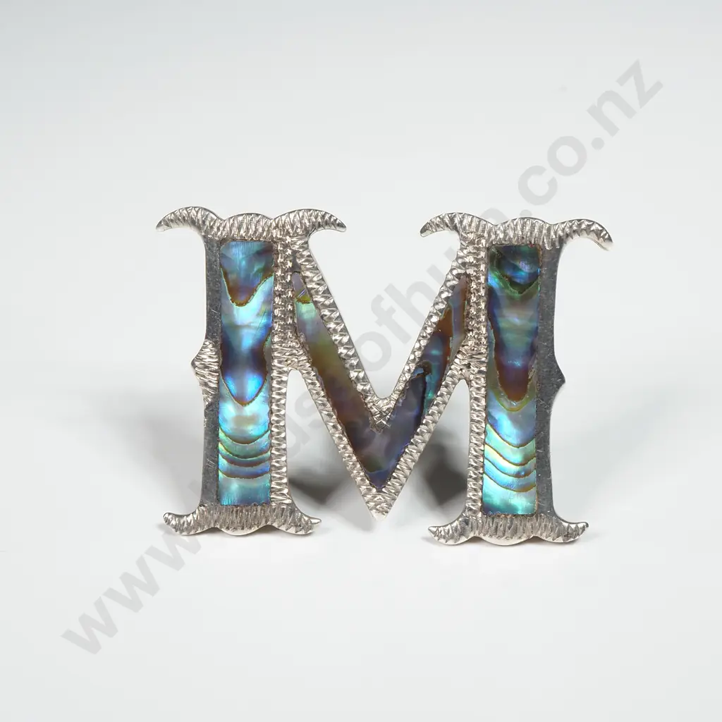 Vintage Sterling Silver & Paua Shell M Brooch Image 1++