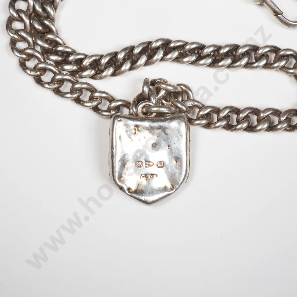Sterling Silver Chain Link Watch Chain w Shield Shaped Locket Image 1++