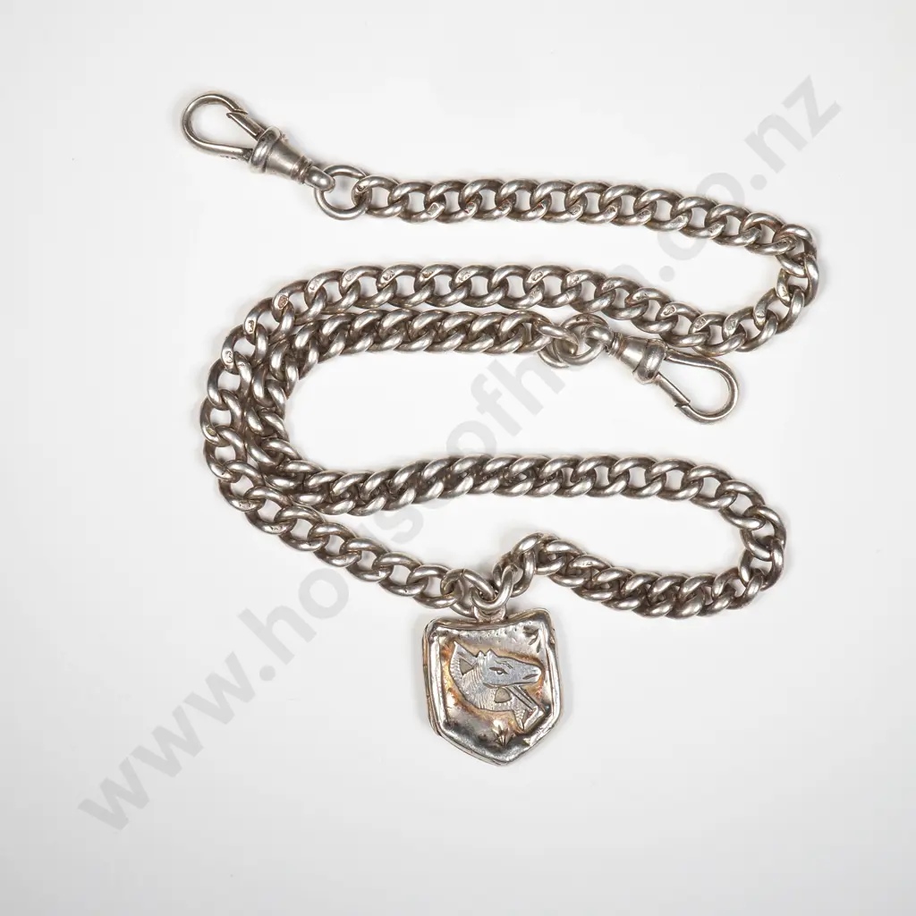 Sterling Silver Chain Link Watch Chain w Shield Shaped Locket Image 1++