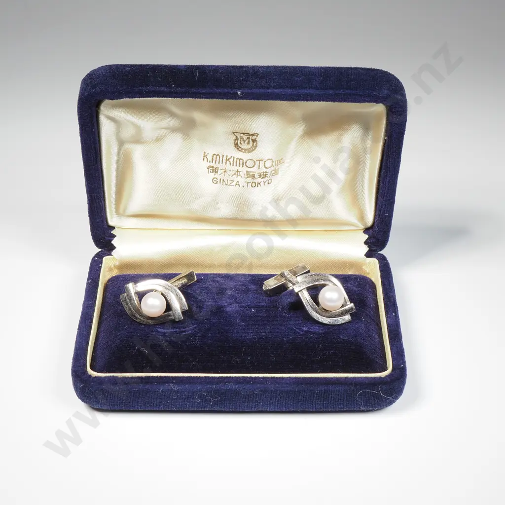 Cased Mikimoto Sterling Silver & Cultured Pearl Cufflinks Image 1++
