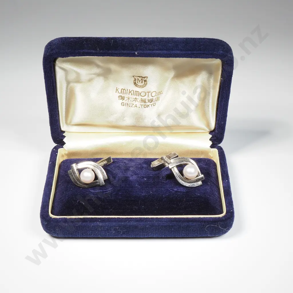 Cased Mikimoto Sterling Silver & Cultured Pearl Cufflinks Image 1++