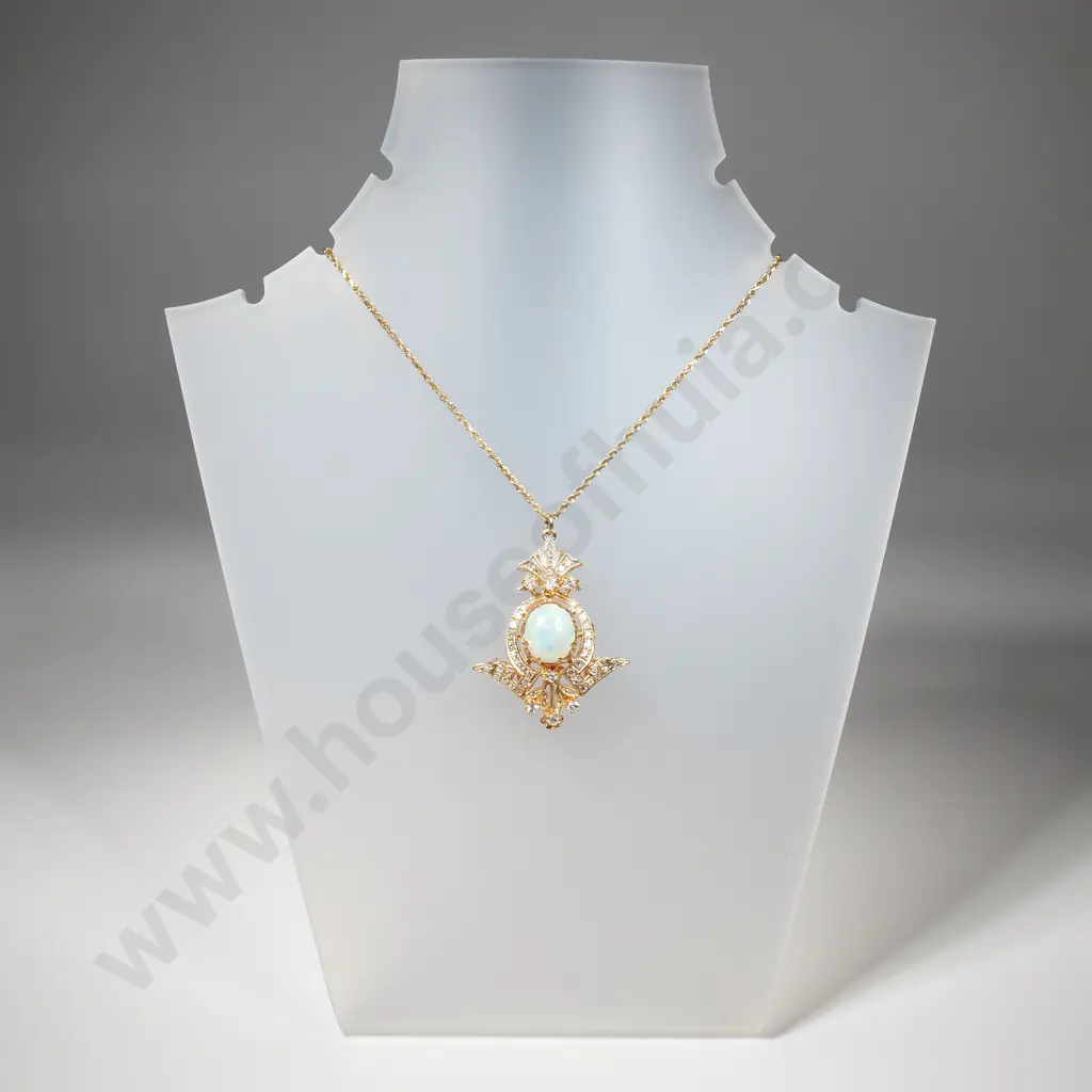 14ct Gold Opal & Diamond Drop Pendant w 10ct Gold Chain Image 1++