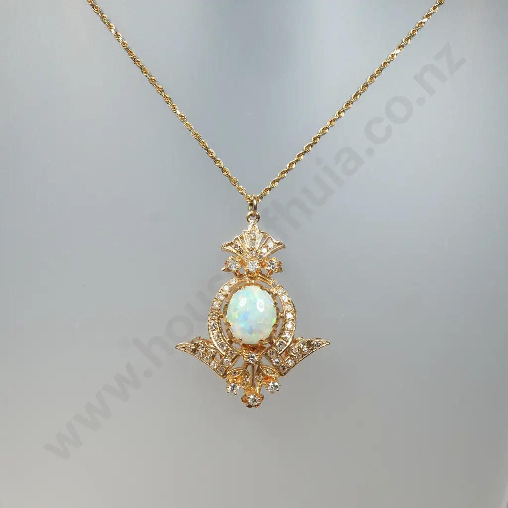 14ct Gold Opal & Diamond Drop Pendant w 10ct Gold Chain Image 1++
