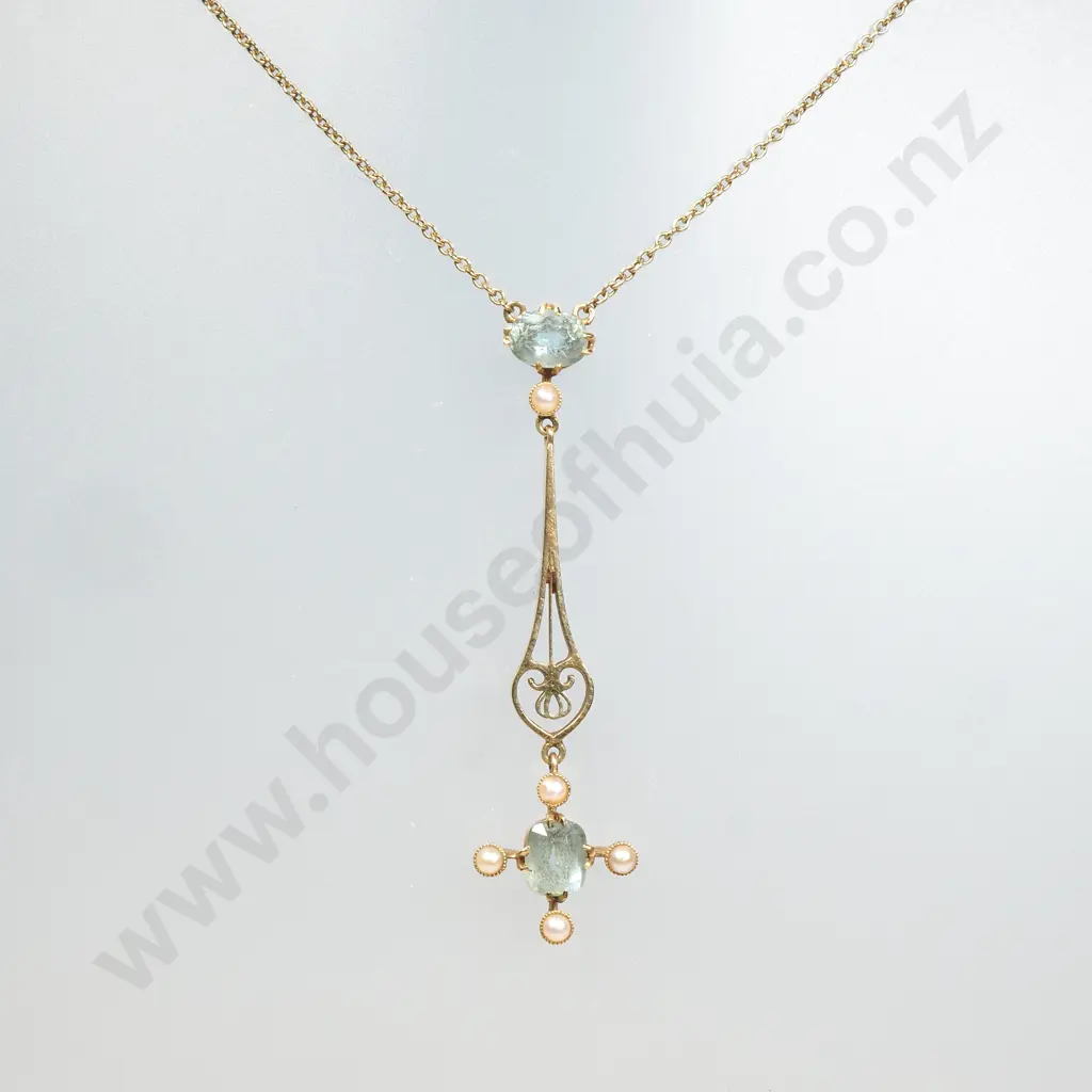 Edwaridan Cased 9ct Gold Aquamarine & Seed Pearl Necklace Pendant Image 1++