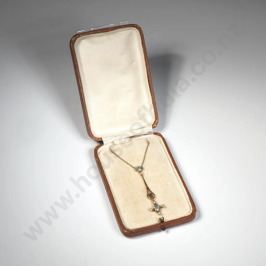 Edwaridan Cased 9ct Gold Aquamarine & Seed Pearl Necklace Pendant Image 1++