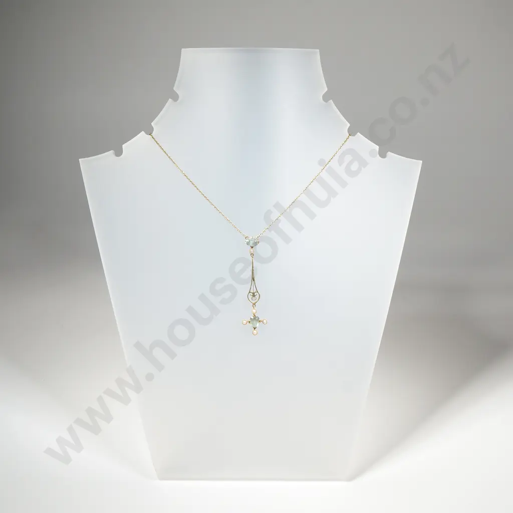Edwaridan Cased 9ct Gold Aquamarine & Seed Pearl Necklace Pendant Image 1++