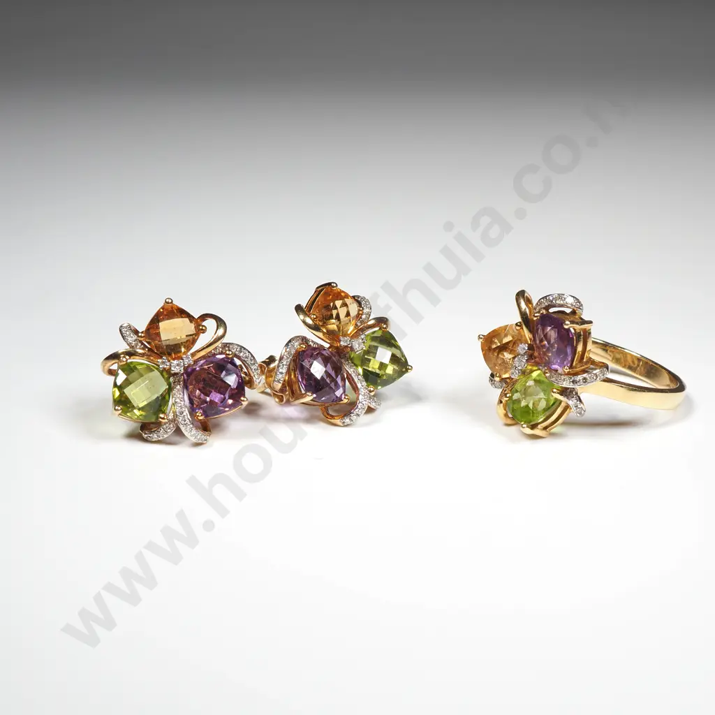 18ct Gold Gem Set Ring & Earrings Image 1++