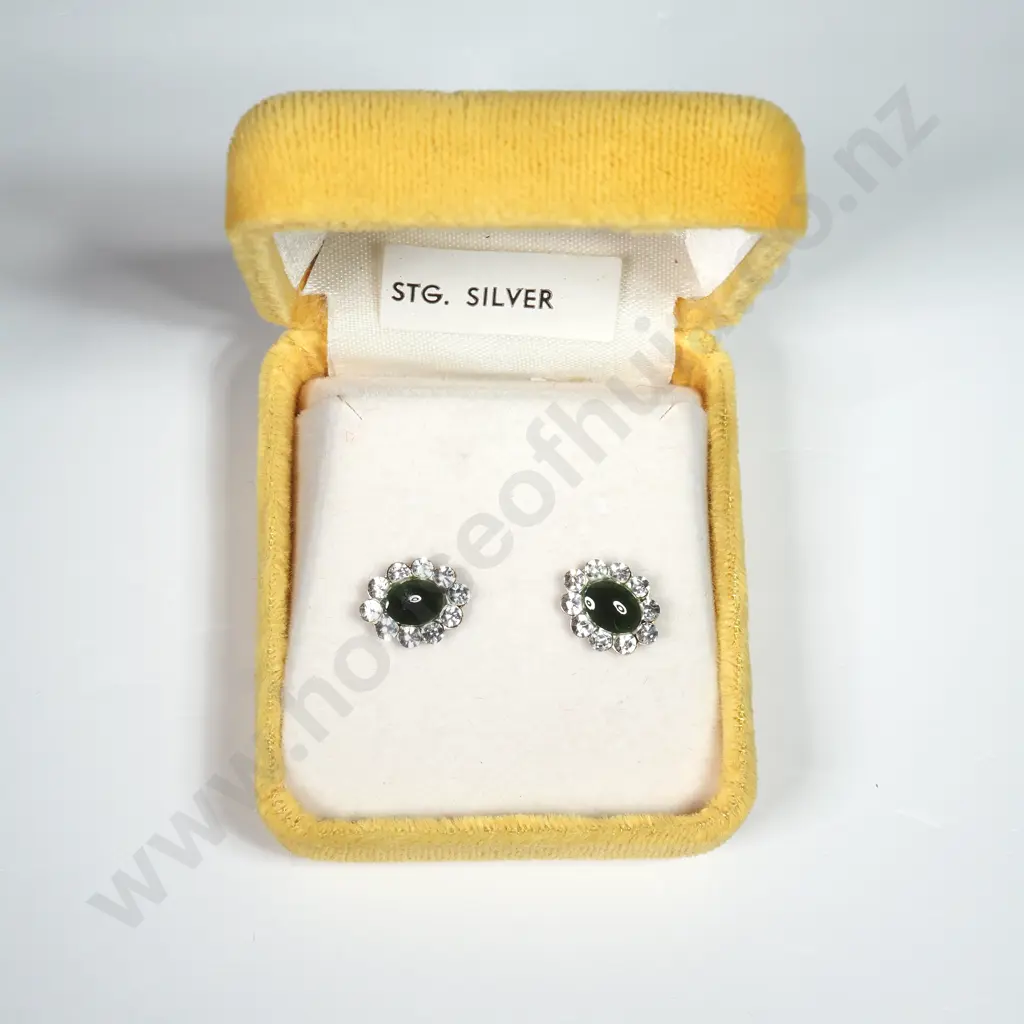 Pair of Sterling Silver & Greenstone Earrings in Original Case Image 1++