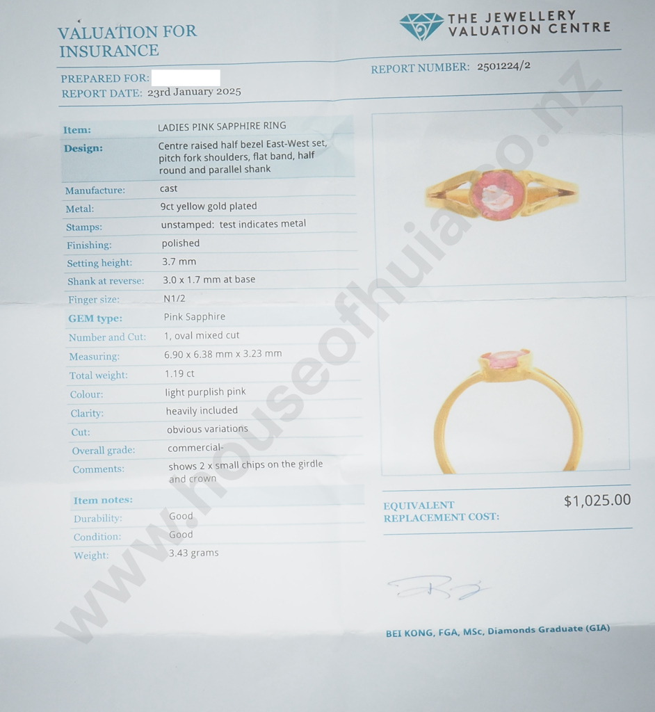 Pink Sapphire Ring w Valluation for $1025.00 Image 1++