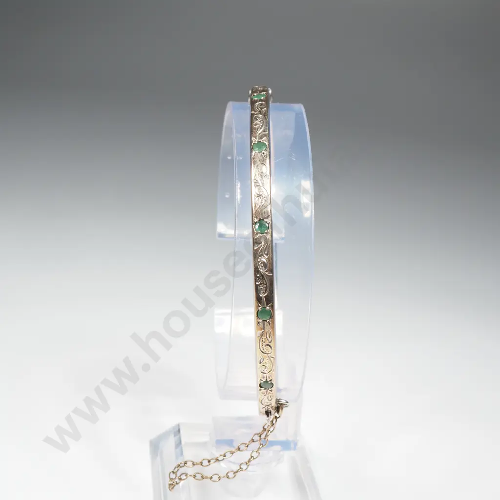 1/5 9ct Gold Green Stone Studded Sterling Silver Hinged Bracelet Image 1++