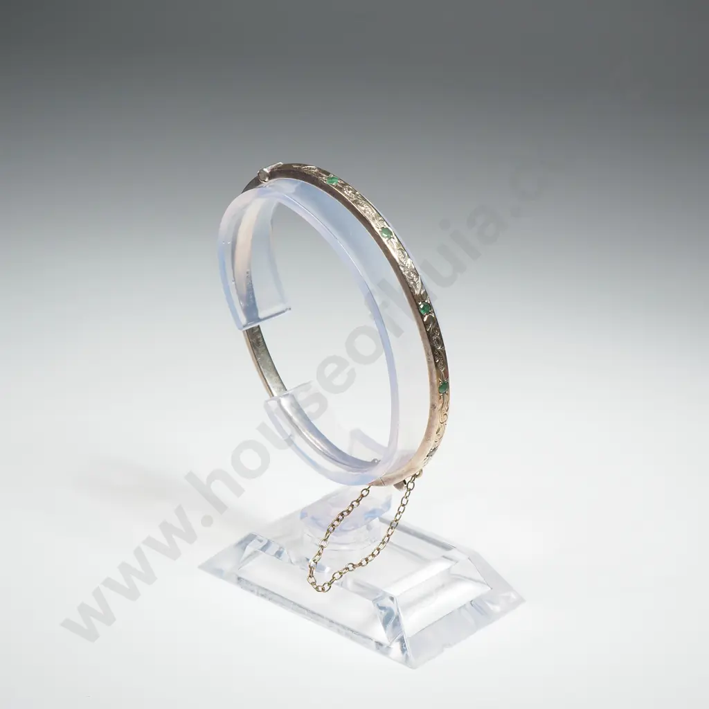 1/5 9ct Gold Green Stone Studded Sterling Silver Hinged Bracelet Image 1++