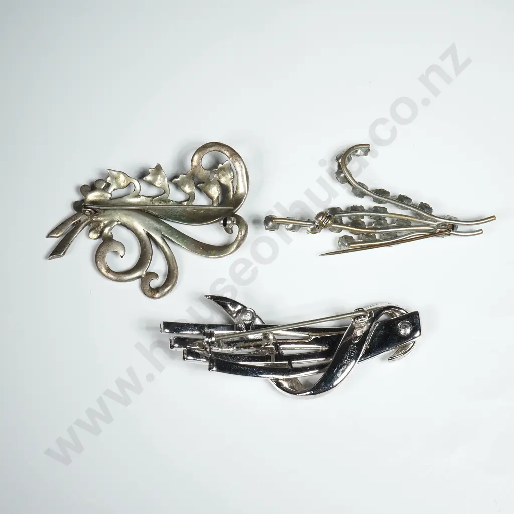 Two Marcasite Brooches & a Rhinestone Spray Brooch Image 1++