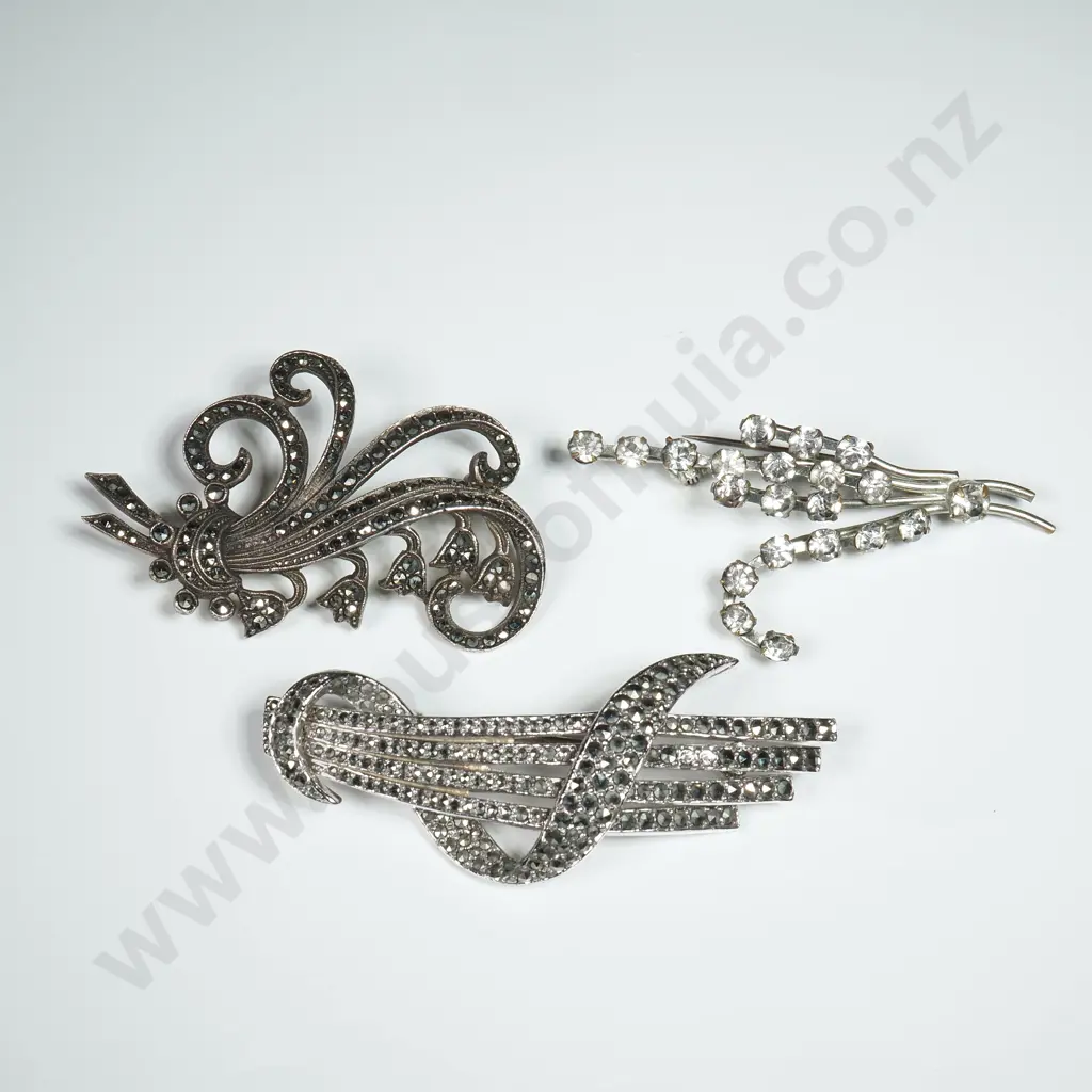 Two Marcasite Brooches & a Rhinestone Spray Brooch Image 1++
