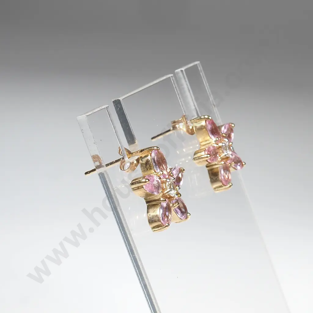 9ct Gold Pink & White Sapphire Flower Earrings w Certificate of Authenticity Image 1++