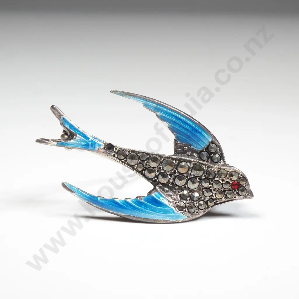 Sterling Silver Marcasite & Enamel Brid Brooch Image 1++