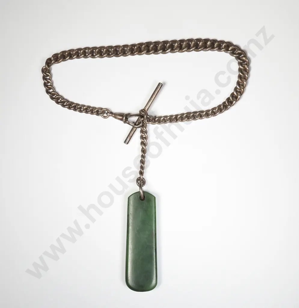Antique Sterling Silver Single Albert Graduated Curb Link Chain w NZ Greenstone Pendant, HM Birmingham 1928 Image 1++