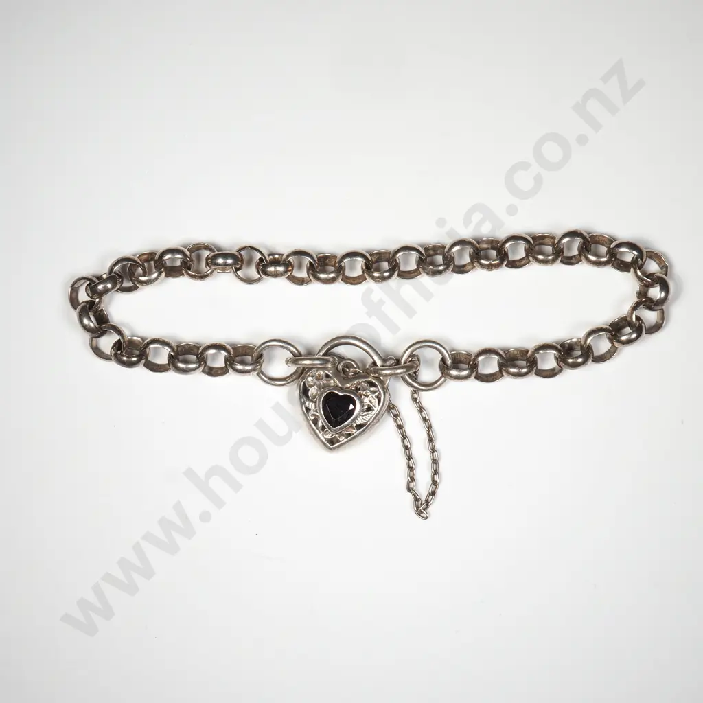 Sterling Silver Belcher Bracelet w Heart Clasp Image 1++