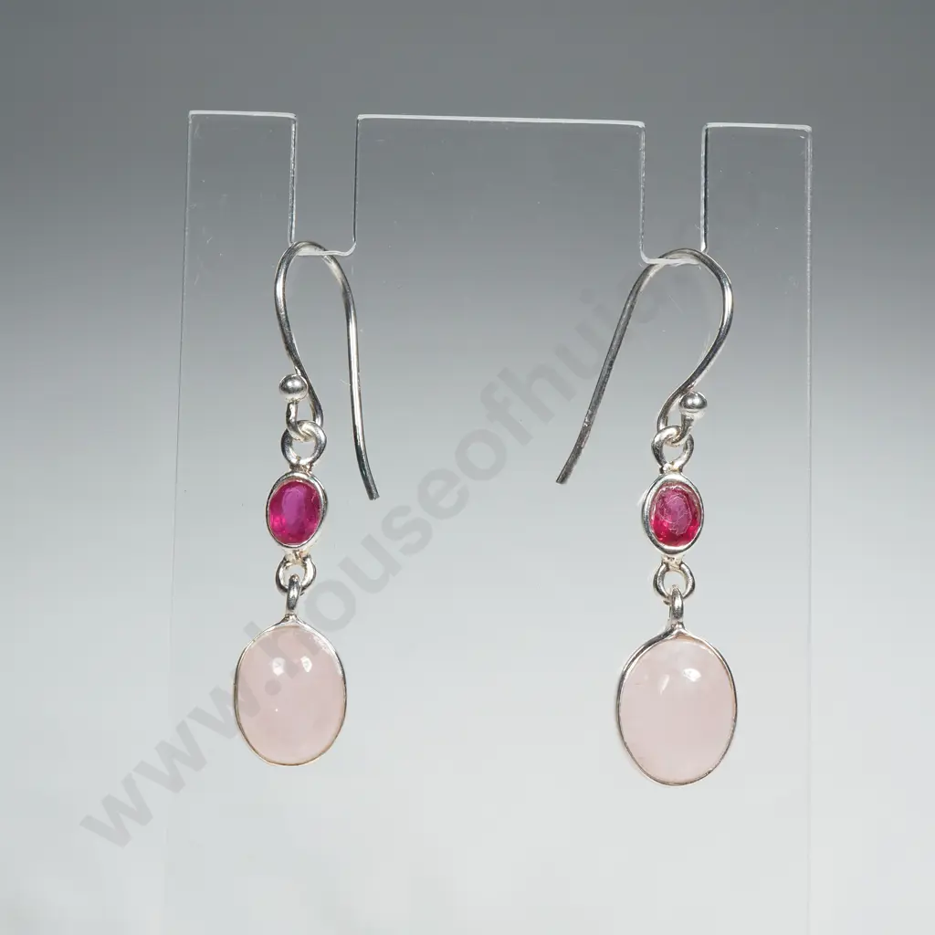 Sterling Silver Rose Quartz & Rhodolite Earrings Image 1++