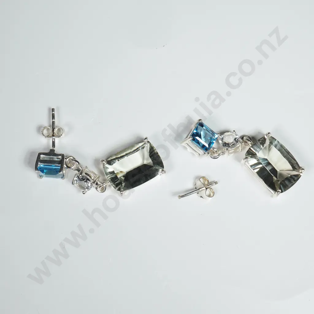 Sterling Silver Green Amethyst, Blue Topaz & White Topaz Earrings Image 1++
