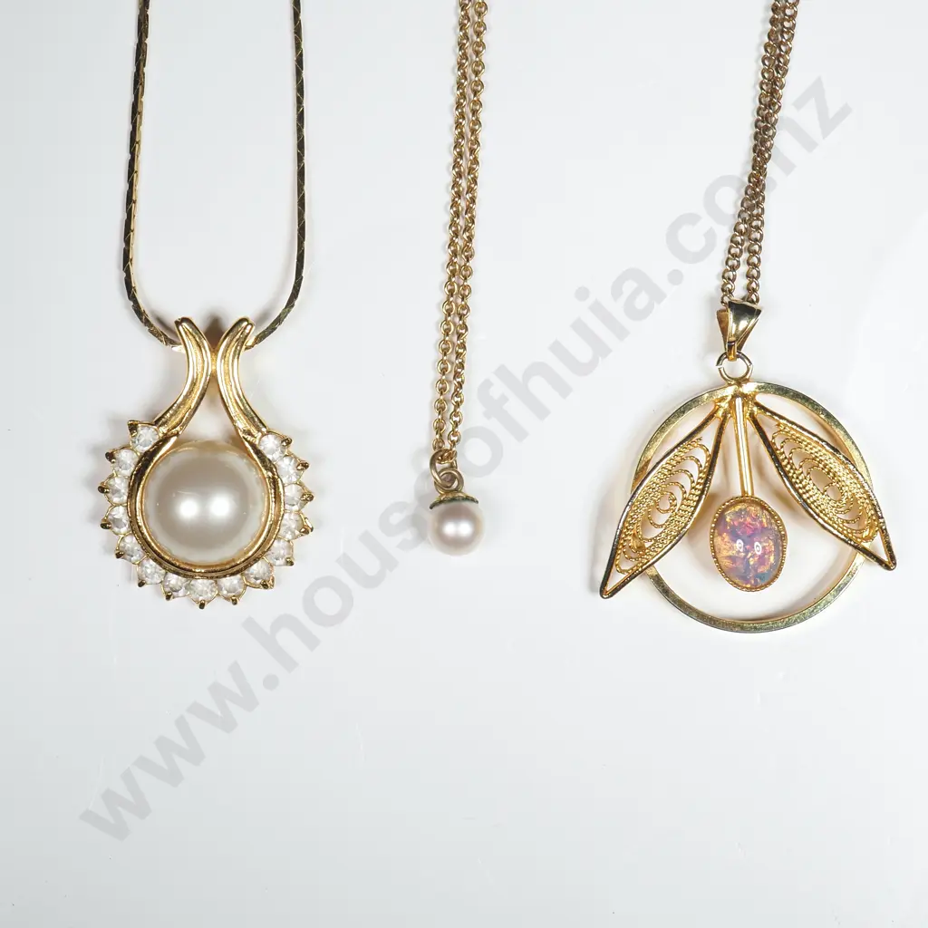 Three Vintage Gold Tone Pendant Necklaces, One Emma Page, One w Opal & the Other a Single Opal Image 1++