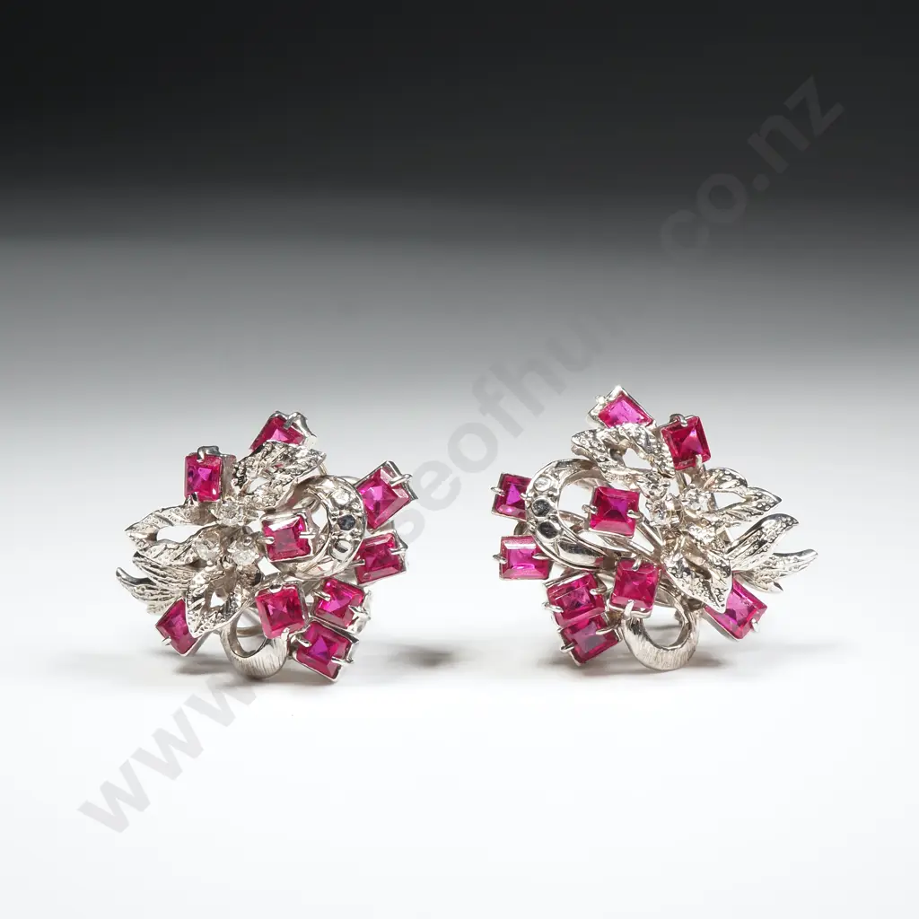 Vintage 9ct White Gold Ruby & Diamond Earrings w Valuation for $5,495.00 - Matches Surrounding Lot Image 1++