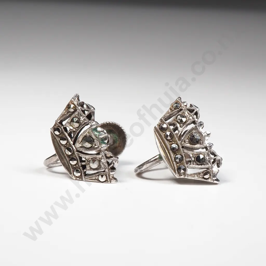 Vintage Sterling Silver & Marcasite Crown Earrings Image 1++