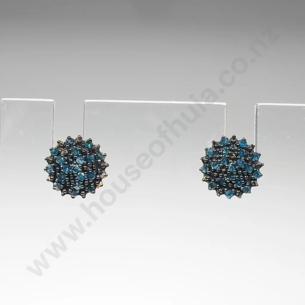 9ct Gold & Blue Diamond Cluster Earrings w Certificate of Authenticity Image 1++