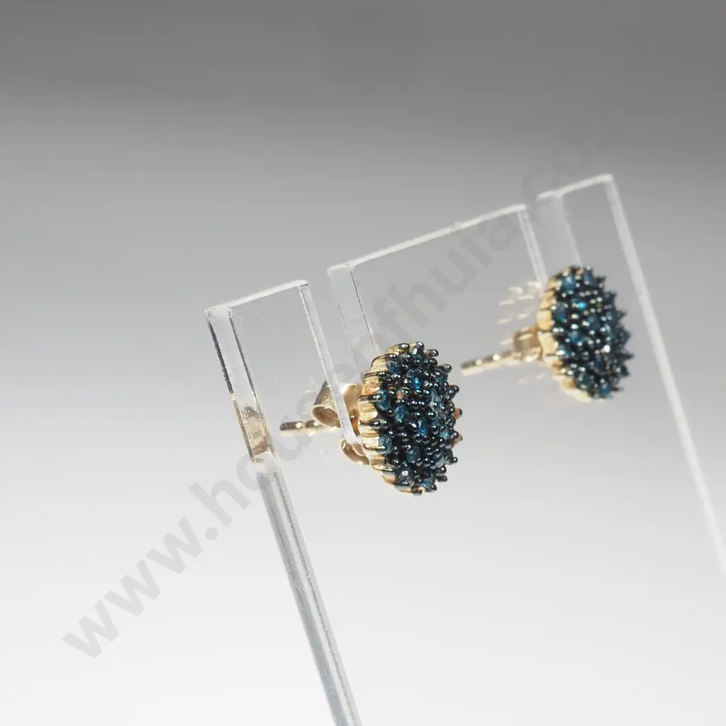 9ct Gold & Blue Diamond Cluster Earrings w Certificate of Authenticity Image 1++