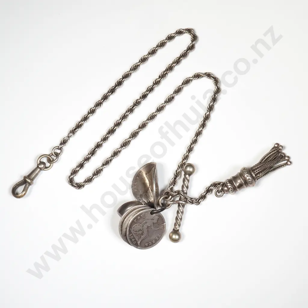 Sterling Silver Rope Twist Chain w Tassle End & T Bar Attached Together w  Three  Early Threepences & a Sixpence Image 1++