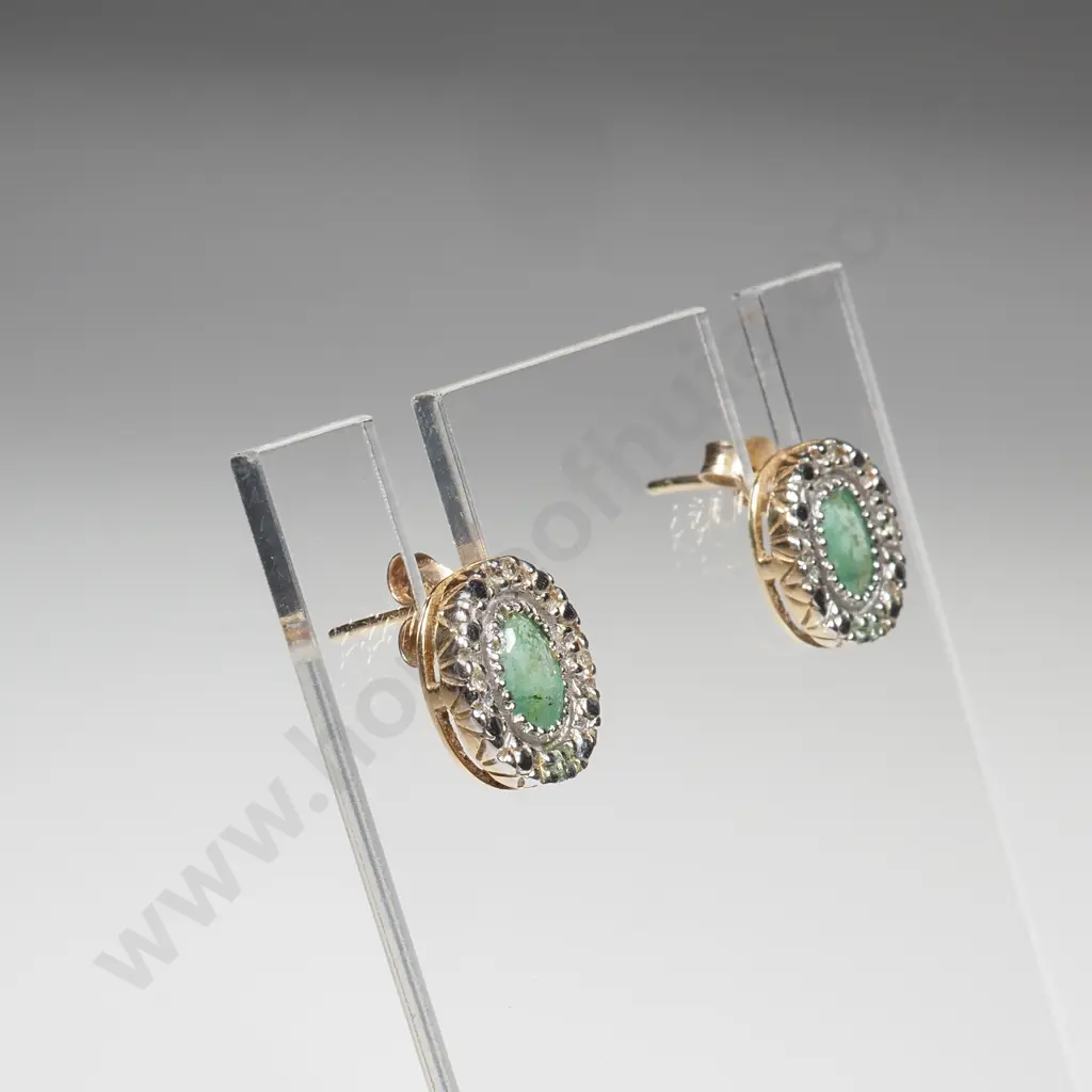 9ct Yellow & White Gold Emerald & Diamond Earrings Image 1++