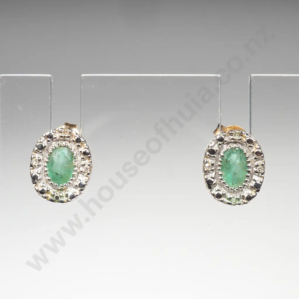 9ct Yellow & White Gold Emerald & Diamond Earrings Image 1++