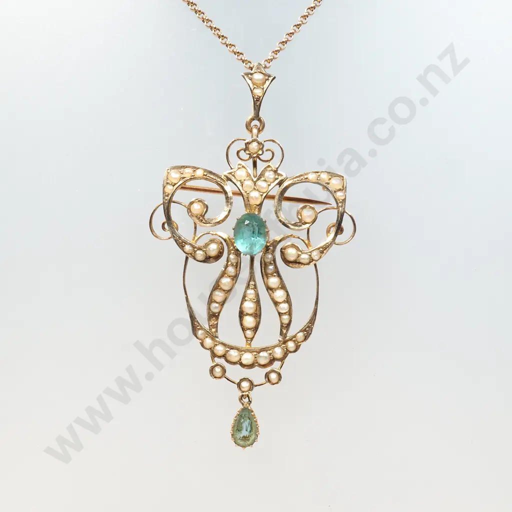 Exquisite Edwardian 9ct Gold Seed Pearl & Paste Stone Brooch / Pendant on Period 9ct Gold Chain Image 1++