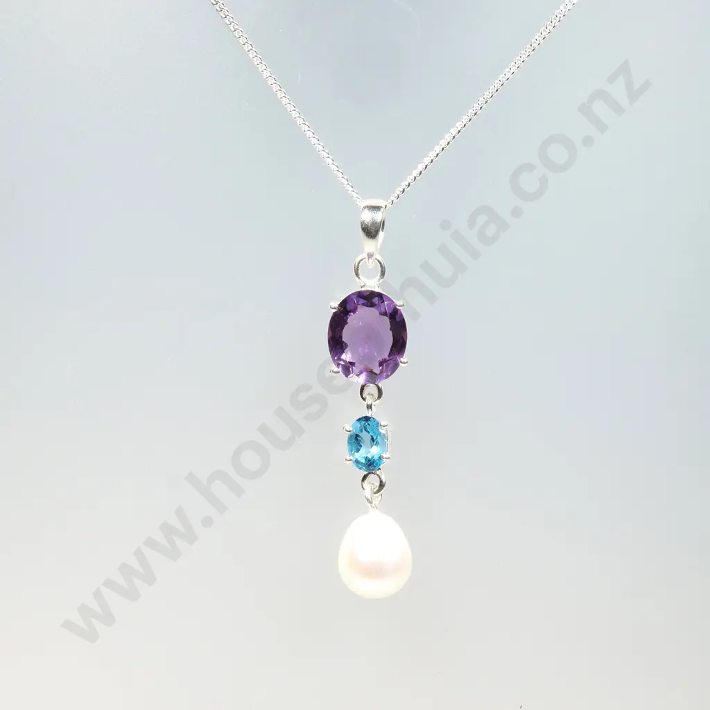 Sterling Silver Amethyst, Pearl & Blue Topaz Pendant w. Sterling Silver Chain Image 1++