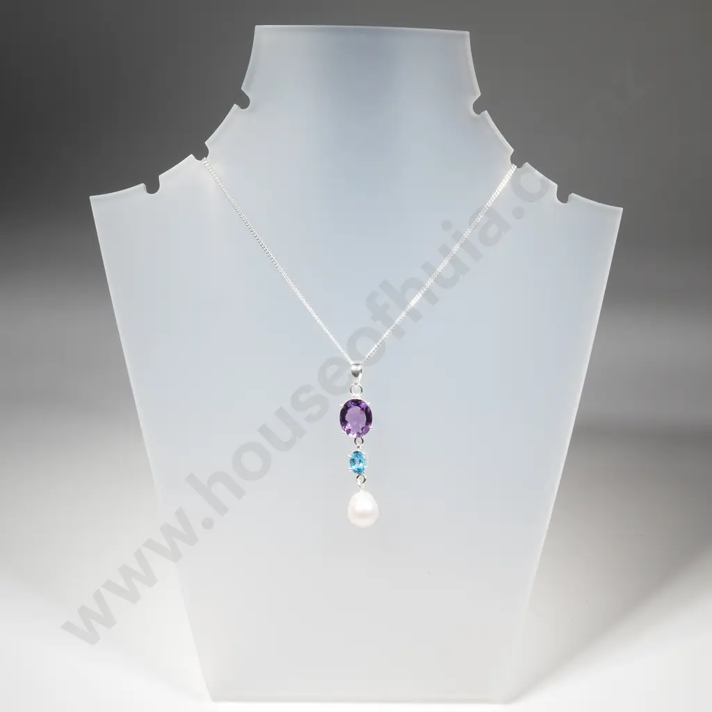 Sterling Silver Amethyst, Pearl & Blue Topaz Pendant w. Sterling Silver Chain Image 1++