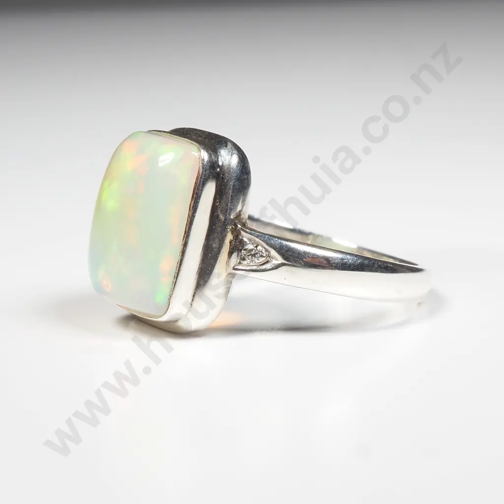 Opal Sterling Silver Ring w/ Diamonds Image 1++