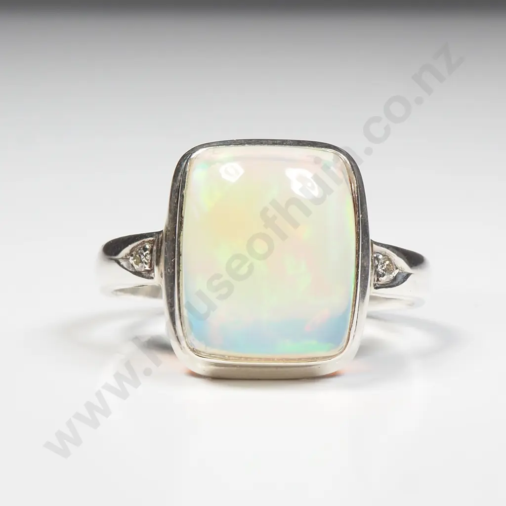 Opal Sterling Silver Ring w/ Diamonds Image 1++