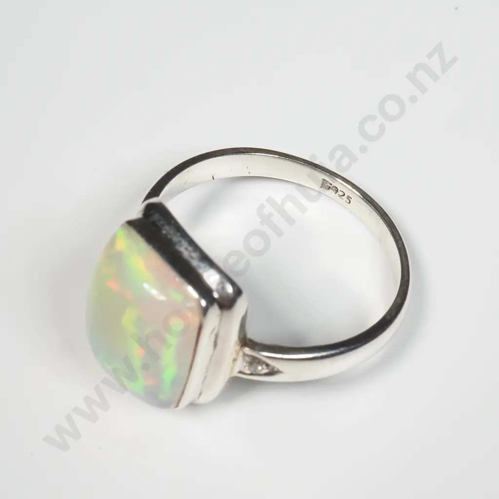 Opal Sterling Silver Ring w/ Diamonds Image 1++
