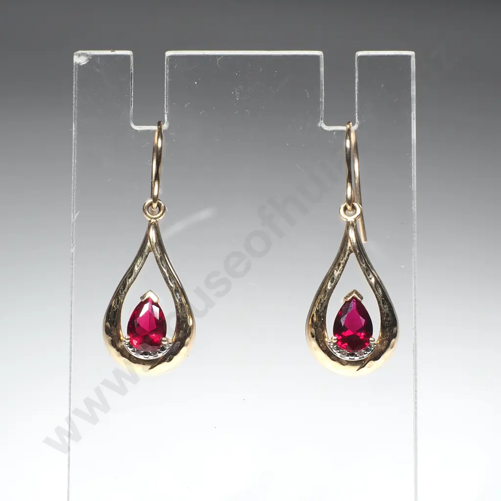 Pair of 9ct Gold & Red Stone Earrings Image 1++