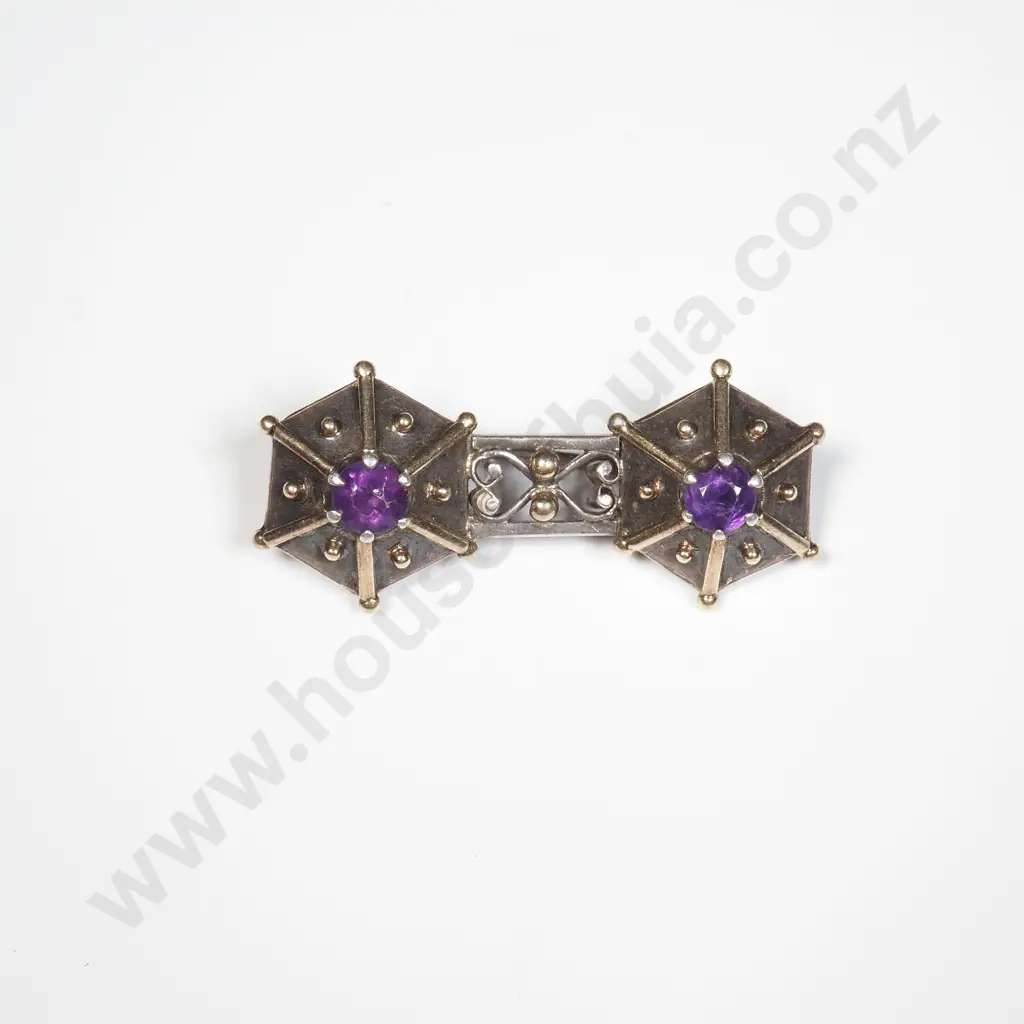 Handmade Sterling Silver & 9ct Gold Purple Stone Brooch Image 1++