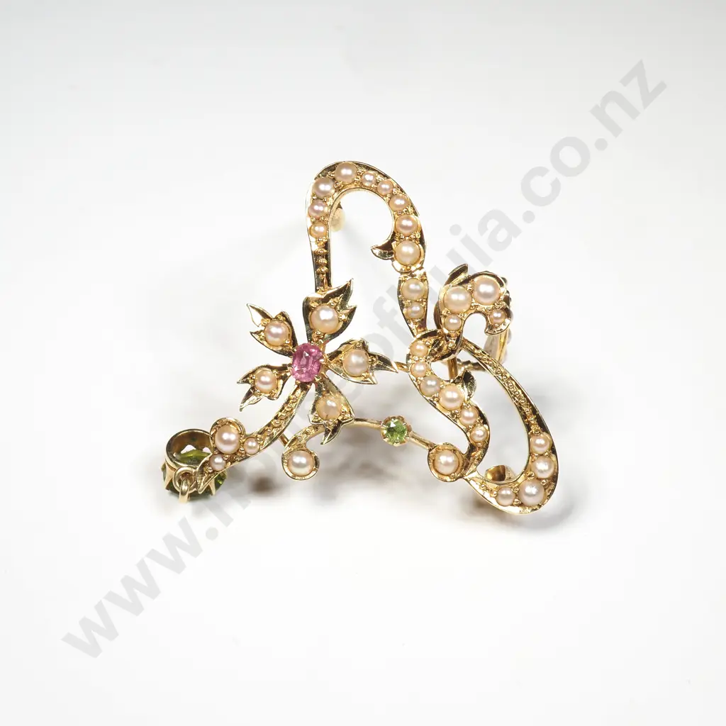 Antique 15ct Gold Brooch & Pendant Set w Seed Pearls, Peridots and Garnet Image 1++