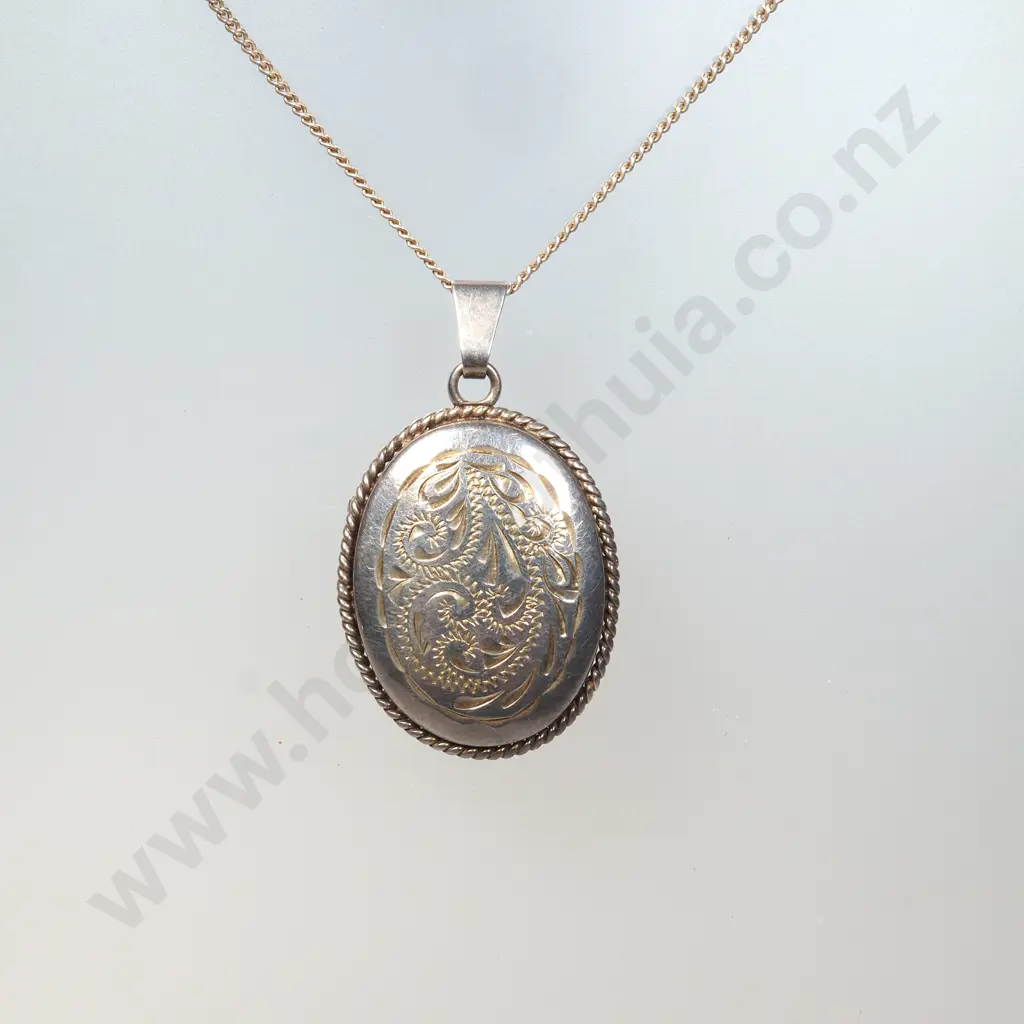Sterling Silver Engraved Oval Locket on Sterling Silver Chain Image 1++