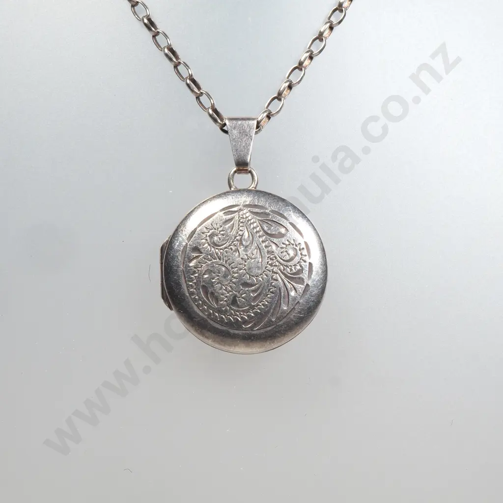 Sterling Silver Round Engraved Locket on Sterling Silver Chain Image 1++