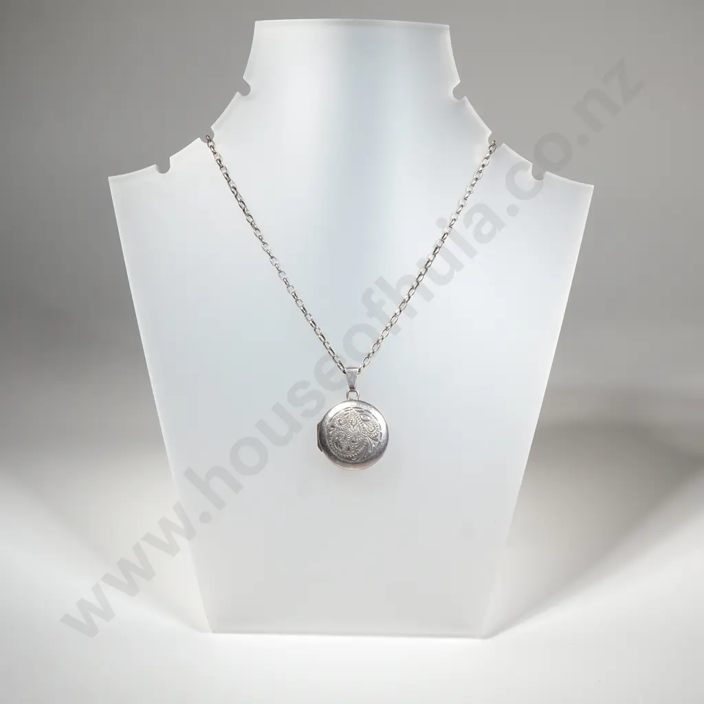 Sterling Silver Round Engraved Locket on Sterling Silver Chain Image 1++