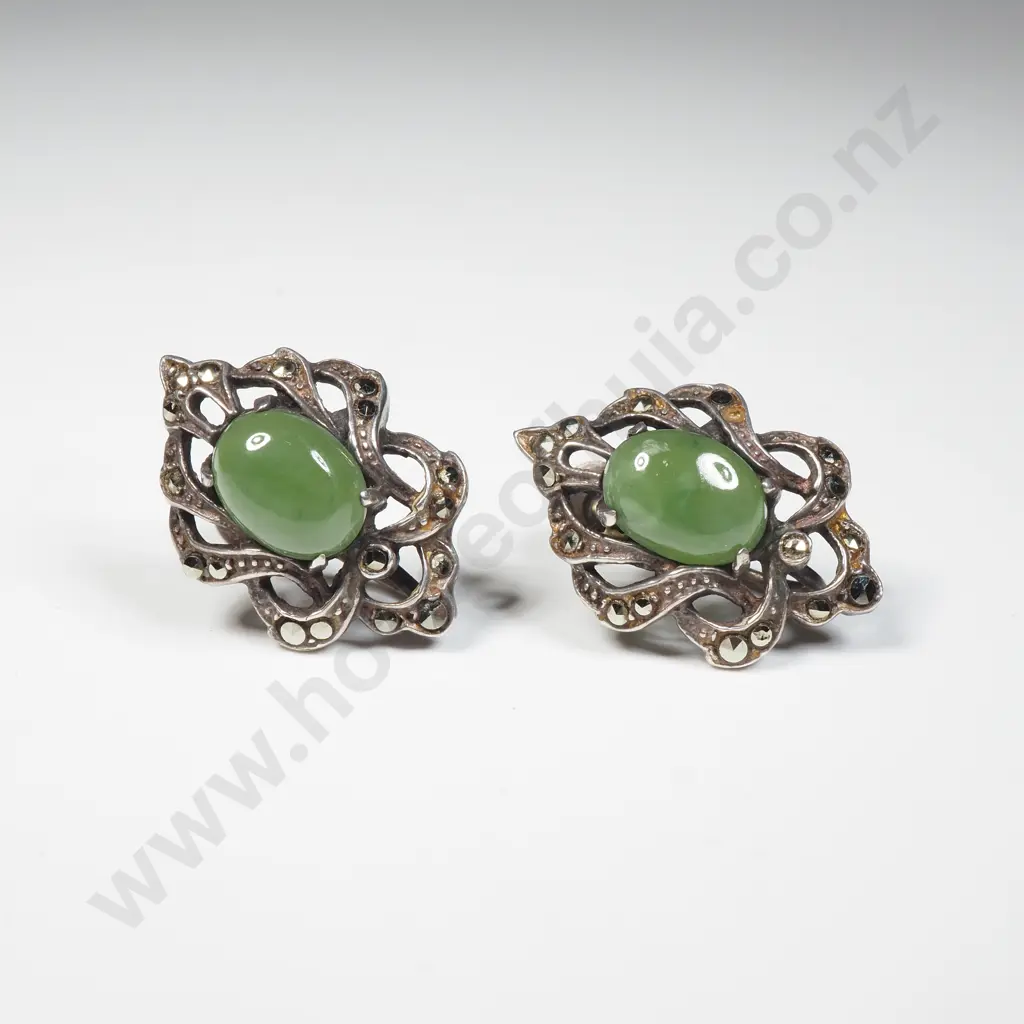 Sterling Silver Marcasite & Jade Earrings Image 1++