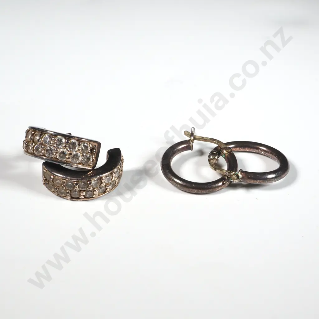 Pair of Sterling Silver Hoop Earrings & a Pair of Sterling Silver Half Hoop White Stone Earrings Image 1++