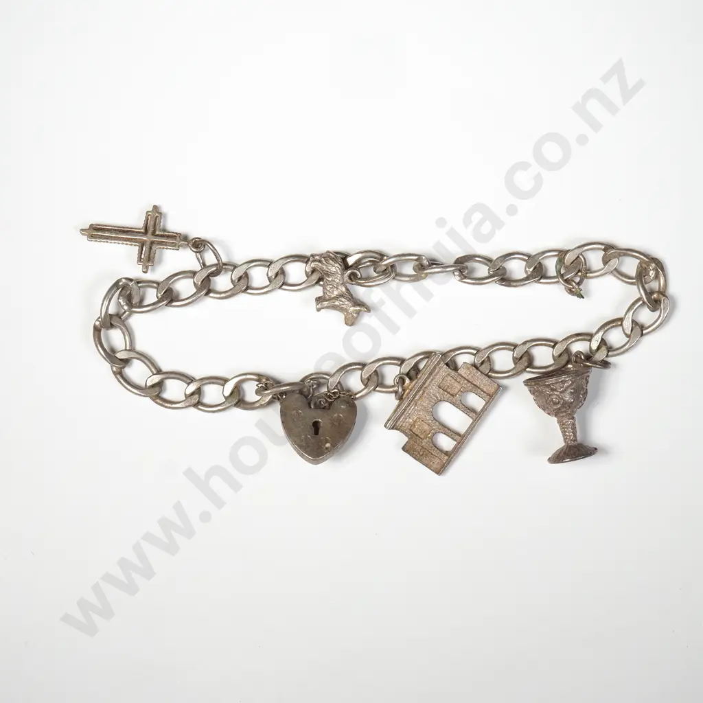 Sterling Silver Charm Bracelet to Include Dog, Cross & Goblet Image 1++